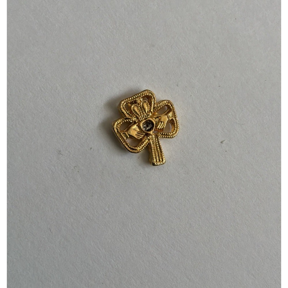 Irish Claddagh Shamrock Rhinestone Gold Tone Brooch Lapel Pin Tie Tac